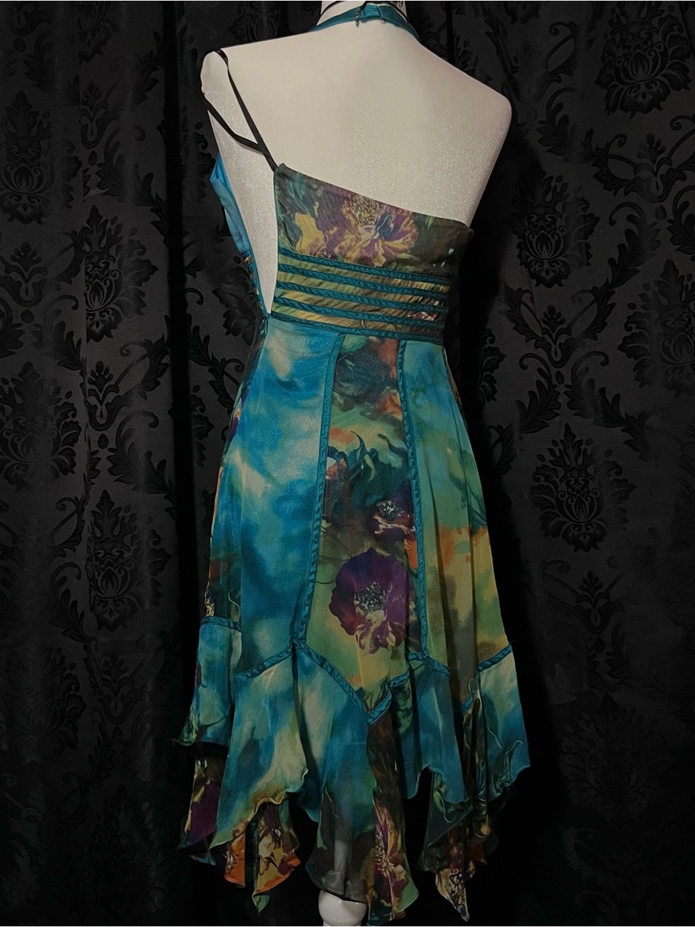 Sue Wong Teal and Green Floral Halter Midi Dress - Picture 4 of 6